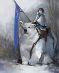  bear black_hair cape chm flag pixiv_fantasia pixiv_fantasia_sword_regalia polar_bear riding scar snow solo white_eyes winter 
