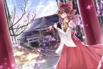  arrow ascot blush bow bow_(weapon) brown_hair detached_sleeves dutch_angle hair_bow hakurei_reimu hakurei_shrine miyakure pink_eyes rope shimenawa shrine solo sparkle stone_lantern torii touhou weapon 