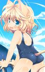  animal_ears ass blonde_hair blue_eyes cat_ears fang looking_back one-piece_swimsuit original school_swimsuit short_hair solo swimsuit tail toba_hiyoko 