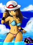  bikini blue_(pokemon) breasts brown_eyes brown_hair cleavage cloud clouds hat leaf_(pokemon) long_hair louisblack78 pokemon porkpie_hat pose shellder side-tie_bikini sky swimsuit water wristband 