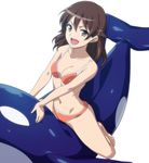  1girl bare_shoulders barefoot bikini black_eyes breasts brown_eyes brown_hair feet hairu happy highres inflatable kyouno_madoka legs long_hair looking_at_viewer navel open_mouth rinne_no_lagrange short_hair simple_background sitting small_breasts smile solo swimsuit thighs toes white_background 