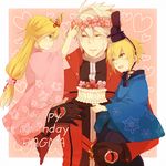  1girl 2boys arc_system_works blazblue blazblue:_calamity_trigger blonde_hair coat flower gloves hat heart heterochromia japanese_clothes kisaragi_jin multiple_boys ragna_the_bloodedge saya_(blazblue) white_hair yellow_eyes 