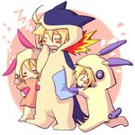  1girl 2boys arc_system_works blazblue blazblue:_calamity_trigger blonde_hair eyes_closed kisaragi_jin minun multiple_boys plusle pokemon ragna_the_bloodedge saya_(blazblue) typhlosion young younger 