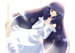  1girl black_hair blue_eyes blush dress kuroi_(night_sky) long_hair open_mouth original smile snow_(gi66gotyo) solo the_star_of_promise_in_this_night_sky very_long_hair 