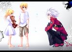  1girl 2boys arc_system_works belt blazblue blazblue:_calamity_trigger blonde_hair coat dress green_eyes kisaragi_jin multiple_boys ragna_the_bloodedge saya_(blazblue) shoes white_hair young younger 