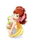  arched_back asahina_yurina barefoot bikini blush bow breasts cleavage frilled_bikini frills from_above full_body green_eyes hair_bow hairu light_smile looking_at_viewer looking_up medium_breasts shiny shiny_skin simple_background solo standing super_real_mahjong super_real_mahjong_p7 swimsuit towel twintails white_background 