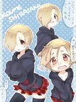  black_legwear blonde_hair blush character_name earrings hair_over_one_eye hood hoodie idolmaster idolmaster_cinderella_girls jewelry pleated_skirt red_eyes shirasaka_koume short_hair skirt sleeves_past_fingers sleeves_past_wrists tarabagani tears thighhighs translated 