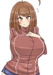  ahoge breasts brown_eyes brown_hair huge_breasts jacket komusou_(jinrikisha) ooba_minori original simple_background smile solo 