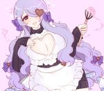  1girl alternate_costume apron bow breasts camilla_(fire_emblem_if) cleavage cleavage_cutout fire_emblem fire_emblem_if hair_bow hair_over_one_eye heart heart-shaped_pupils large_breasts long_hair long_sleeves narumeia_(cosplay) nintendo open_mouth pink_background plushcharm purple_bow purple_eyes purple_hair simple_background solo symbol-shaped_pupils twitter_username whisk 