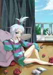  bad_id bad_pixiv_id bed bedroom blue_eyes collarbone flat_chest gen_5_pokemon gorilla_(bun0615) hair_bobbles hair_ornament highres homika_(pokemon) oversized_clothes poke_ball pokemon pokemon_(creature) pokemon_(game) pokemon_bw2 shirt sleeves_past_wrists solo striped striped_shirt topknot venipede white_hair 