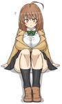  ? ahoge black_legwear blazer bow bowtie breasts brown_eyes brown_hair confused full_body huge_breasts jacket komusou_(jinrikisha) ooba_minori original panties school_uniform shoes simple_background sitting socks solo underwear white_background white_panties 