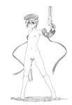  barefoot beret blazblue bolverk breasts collarbone detached_sleeves dual_wielding finger_on_trigger full_body graphite_(medium) greyscale gun handgun harumachi_nagaaki hat highres holding monochrome navel nipples noel_vermillion nude pussy ribbon short_hair small_breasts solo standing tiptoes traditional_media weapon 