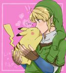  1boy blonde_hair blue_eyes dawww kiss link male male_focus pikachu pointy_ears pokemon solo the_legend_of_zelda 