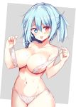  1girl :p alternate_hairstyle areola_slip areolae bangs bare_shoulders bikini blue_eyes blue_hair blush breasts collarbone commentary_request cowboy_shot eyebrows_visible_through_hair grey_background groin hair_between_eyes half_updo halterneck hands_up head_tilt heterochromia highres large_breasts looking_at_viewer maturiuta_sorato navel nipples red_eyes see-through short_hair side-tie_bikini simple_background solo standing stomach strap_pull swimsuit tatara_kogasa tongue tongue_out touhou wet white_bikini 