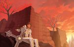  brown_hair cross dungeon_and_fighter dungeon_fighter_online fingerless_gloves gloves highres male male_focus michael michael_of_the_holy_eye priest priest_(dungeon_and_fighter) ruins short_hair sunset 