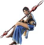  1girl 3d belt black_hair blue_eyes boots bracelet bracer cg cgi earrings female final_fantasy final_fantasy_xiii fox_tail full_body highres jewelry legs_crossed muscle oerba_yun_fang official_art polearm sari short_hair sitting solo spear tail tattoo transparent_background weapon white_background 