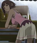  ass bare_shoulders bent_over breasts brown_hair dark haruyama_kazunori impossible_clothes impossible_shirt large_breasts looking_at_viewer looking_back nakagawa_mikaze no_panties see-through see-through_silhouette seikimatsu_occult_gakuin shirt skirt solo 