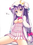  :&lt; arm_support bad_id bad_pixiv_id blush bow breasts breasts_outside crescent hair_bow hat hat_bow long_hair nightgown nipples no_panties patchouli_knowledge purple_eyes purple_hair sitting small_breasts solo touhou yako 