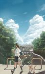  bad_id bad_pixiv_id bag booota brown_hair building cat chain-link_fence city cityscape cloud day fence food highres original outdoors pleated_skirt popsicle railing scenery school_uniform serafuku shadow short_hair short_ponytail skirt sky solo tree vocaloid walking 