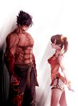  1girl arm_guards arms_behind_back bad_id bad_pixiv_id belt chinese_clothes fingerless_gloves gloves height_difference inuhiko_(istdog) kazama_jin ling_xiaoyu muscle orange_shirt petite pointy_hair profile shirt shirtless short_twintails standing tekken twintails 