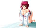 1girl all_fours barefoot bed bent_over breasts brown_eyes cleavage kousaka_tamaki large_breasts long_hair red_hair smile solo to_heart_2 