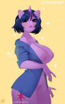  2018 anthro anthrofied areola big_breasts breasts clothing cutie_mark equine female friendship_is_magic fur hair hi_res horn horse littlesheep looking_at_viewer mammal multicolored_hair my_little_pony nipples nude pony purple_eyes purple_fur pussy shirt simple_background solo translucent transparent_clothing twilight_sparkle_(mlp) unicorn 