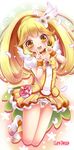  bare_legs blonde_hair bow bowtie brooch brown_choker character_name choker cure_peace double_v hair_flaps hair_ornament hairpin jewelry kise_yayoi long_hair magical_girl panties pantyshot precure print_panties shimokirin shoes skirt smile smile_precure! solo underwear v yellow yellow_bow yellow_eyes yellow_skirt 