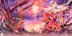  bad_id bad_pixiv_id bird branch eagle flower fox hair_flower hair_ornament highres horns japanese_clothes kirero long_hair moon multicolored_hair original purple_hair red_eyes two-tone_hair veil white_hair 