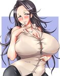  1girl artist_request black_hair blue_eyes blush breasts female highres huge_breasts idolmaster idolmaster_cinderella_girls jewelry kinokoutarou milf necklace solo straining_buttons takahashi_reiko 