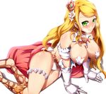  all_fours bare_shoulders blonde_hair blush breasts code_of_princess detached_sleeves flower gauntlets green_eyes hair_flower hair_ornament hanging_breasts highres large_breasts legs long_hair looking_at_viewer simple_background smile solange_blanchefleur_de_luxe solo sweat thigh_strap thighs umakatsuhai white_background 