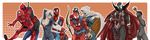  6+boys arrow belt black_cat_(marvel) blush bodysuit boots bow_(weapon) breasts choker collar crossover deadpool doppelganger_(spider-man) dual_persona felicia_hardy gloves hiding highres hood hug image_comics large_breasts marvel masiro mask multiple_boys multiple_girls multiple_persona peter_parker polka_dot polka_dot_background pouch red_footwear scarlet_spider shoes skull spawn spawn_(spawn) spider-man spider-man_(series) superhero sword taskmaster venom_(marvel) vest weapon white_gloves 