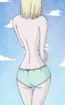  ass bare_arms bare_back bare_shoulders blonde_hair blue_sky cloud cloudy_sky day green_panties hand_on_own_arm head_out_of_frame kaya_(one_piece) one_piece pale_skin panties short_hair sky solo topless underwear 