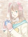  amami_haruka blush bow breath brown_hair gift green_eyes hair_bow idolmaster idolmaster_xenoglossia mittens sakuraba_tsukasa scarf short_hair smile solo winter_clothes 