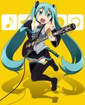  aqua_eyes aqua_hair arieko boots detached_sleeves electric_guitar guitar hatsune_miku headphones headset instrument jumping long_hair looking_at_viewer open_mouth skirt smile solo thigh_boots thighhighs twintails very_long_hair vocaloid yellow_background zettai_ryouiki 