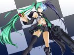  aqua_eyes aqua_hair arm_cannon bare_shoulders belt bikini_top black_hair black_rock_shooter black_rock_shooter_(character) blue_eyes boots burning_eye checkered crossover detached_sleeves fusion gaia_memory glowing hatsune_miku heterochromia kamen_rider kamen_rider_double kamen_rider_w long_hair looking_at_viewer midriff mismatched_legwear multicolored_hair navel shorts skirt solo split_theme thighhighs twintails unatama very_long_hair vocaloid weapon 