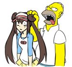  1girl bald brown_hair colorfag colorized crossover double_bun drooling homer_simpson long_hair matsu-sensei mei_(pokemon) poke_ball_print pokemon pokemon_(game) pokemon_bw2 raglan_sleeves shocked_eyes skirt the_simpsons twintails visor_cap yellow_skin 