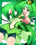  bike_shorts blush bow bowtie choker clenched_hand cure_march green green_choker green_eyes green_hair green_neckwear green_shorts green_skirt highres kotuzui_yositune long_hair magical_girl midorikawa_nao pointing ponytail precure shorts shorts_under_skirt skirt smile smile_precure! solo tri_tails 