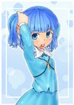  adjusting_hair blue_eyes blue_hair hair_bobbles hair_ornament kawashiro_nitori key monosenbei mouth_hold no_hat no_headwear short_hair smile solo touhou tying_hair 