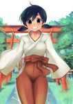  ahoge azuse_neko black_hair blue_eyes character_request copyright_request japanese_clothes looking_at_viewer outdoors priestess shinto short_hair short_twintails shrine skin_tight smile solo standing teeth torii tree twintails 