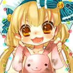  :3 :d blonde_hair bow brown_eyes futaba_anzu hair_bow idolmaster idolmaster_cinderella_girls long_hair lowres mitsubachi_koucha open_mouth smile solo stuffed_animal stuffed_toy topless translated twintails v-shaped_eyebrows 
