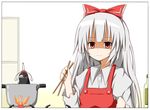  apron bow candle chopsticks comic empty_eyes fujiwara_no_mokou fujiwara_no_mokou_(phoenix) grey_hair hair_bow hat karamoneeze long_hair looking_at_viewer red_eyes shaded_face shameimaru_aya shameimaru_aya_(crow) smile solo tokin_hat touhou 