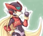  \m/ blonde_hair bodysuit helmet long_hair male_focus omega_(rockman) projectumbra pun red_eyes rockman rockman_zero solo very_long_hair 