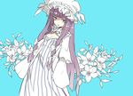  blue_background bow breasts cleavage dress flower green_eyes hair_bow hat kakueki-teisha long_hair patchouli_knowledge purple_hair simple_background small_breasts solo touhou 
