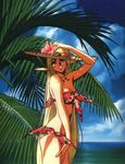  beach bikini blonde_hair classic deedlit elf hat highres long_hair ocean pointy_ears record_of_lodoss_war side-tie_bikini smile strapless straw_hat swimsuit tropical very_long_hair 