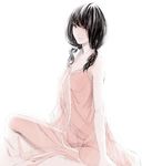  arm_support bangs bare_shoulders black_hair copyright_request indian_style nightgown see-through simple_background sitting solo sousou_(sousouworks) twintails white_background 