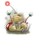  backpack bag blue_eyes brown_hair bulbmin closed_eyes fangs grass naru_(wish_field) no_humans olimar pikmin_(creature) pikmin_(series) pikmin_2 pointy_ears sitting 