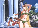  bikini blonde_hair deedlit dog elf highres leaf_bikini long_hair parn pointy_ears record_of_lodoss_war side-tie_bikini strapless swimsuit very_long_hair wallpaper water waterfall 