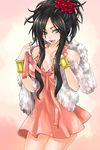  bad_id bad_pixiv_id bare_shoulders black_hair blue_eyes blush bracelet breasts buchi_(pixiv30168) cleavage cowboy_shot deborah dragon_quest dragon_quest_v dress feather_boa flower hair_flower hair_ornament highres jewelry large_breasts legs_together lipstick long_hair makeup mole mole_under_eye naughty_face pink_dress red_flower red_lipstick see-through smile solo sweat thigh_gap tongue tongue_out 