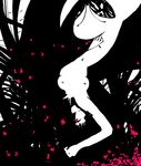  absurdly_long_hair black_hair blending bug butterfly copyright_request funakura hair_spread_out hime_cut insect japanese_clothes kimono long_hair lying monochrome nude on_back pink_eyes silhouette solo spot_color very_long_hair 