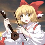  blonde_hair blouse blurry bow brooch cherry cloud depth_of_field erhu eyelashes fingernails food frills fruit hair_bow highres jewelry long_sleeves looking_at_viewer open_mouth sakuragi_rian satsuki_rin short_hair skirt sky solo sunset touhou upper_body wide_sleeves yellow_eyes 